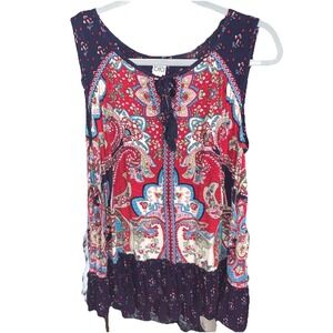 Bila Womens Jessica Crepe Top Size L Red Paisley Embroidered Ruffle‎ Tassel Boho